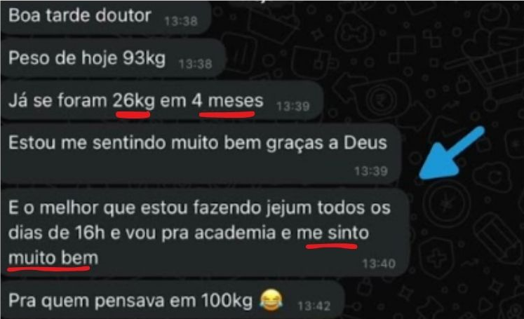 Mensagem relatando a eliminação de 26 kg em quatro meses