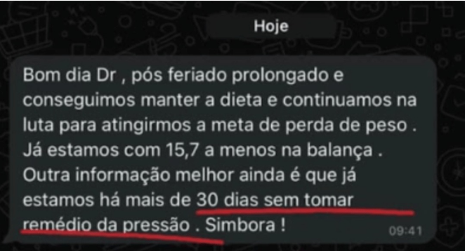 Mensagem relatando 15,7 kg a menos na balança
