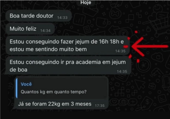 Mensagem relatando a eliminação de 22 kg em três meses